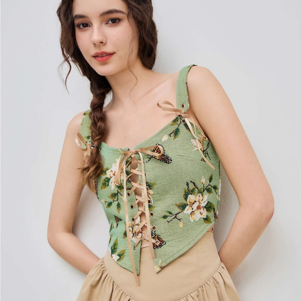 NWT CIDER FLORAL & BUTTERFLY LACE UP CROP CORSET TANK BUSTIER TOP SIZE SMALL - Picture 5 of 6
